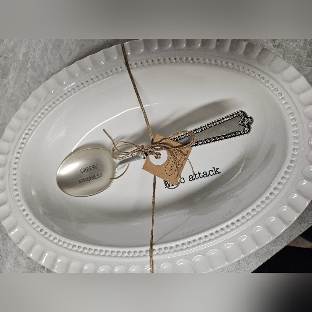 Mud Pie White Ceramic Serving Platter with Spoon - Mac & Cheese